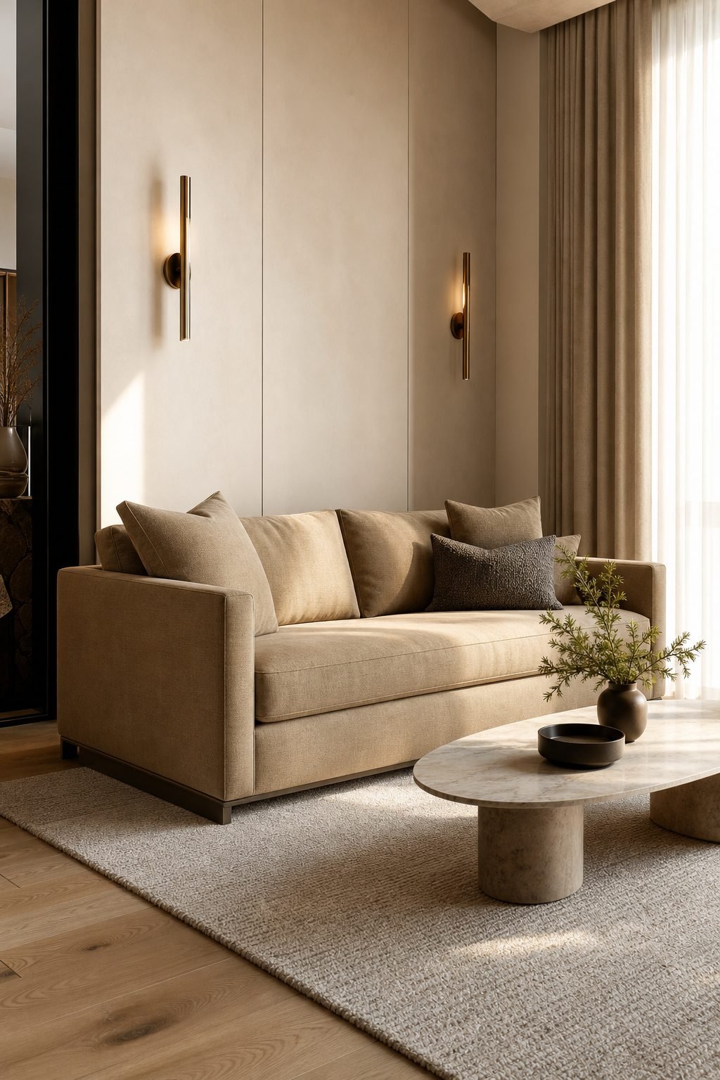Bench-seat 3 seater sofa with a clean tailored line in a compact luxury living room