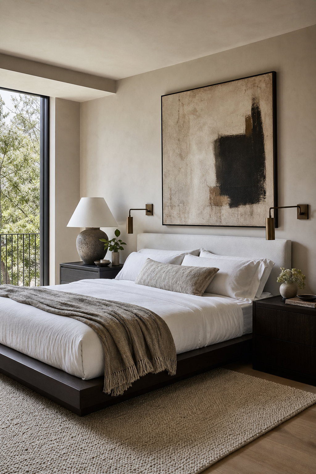 Contemporary gallery bedroom with large abstract art, platform bed, and sculptural lighting