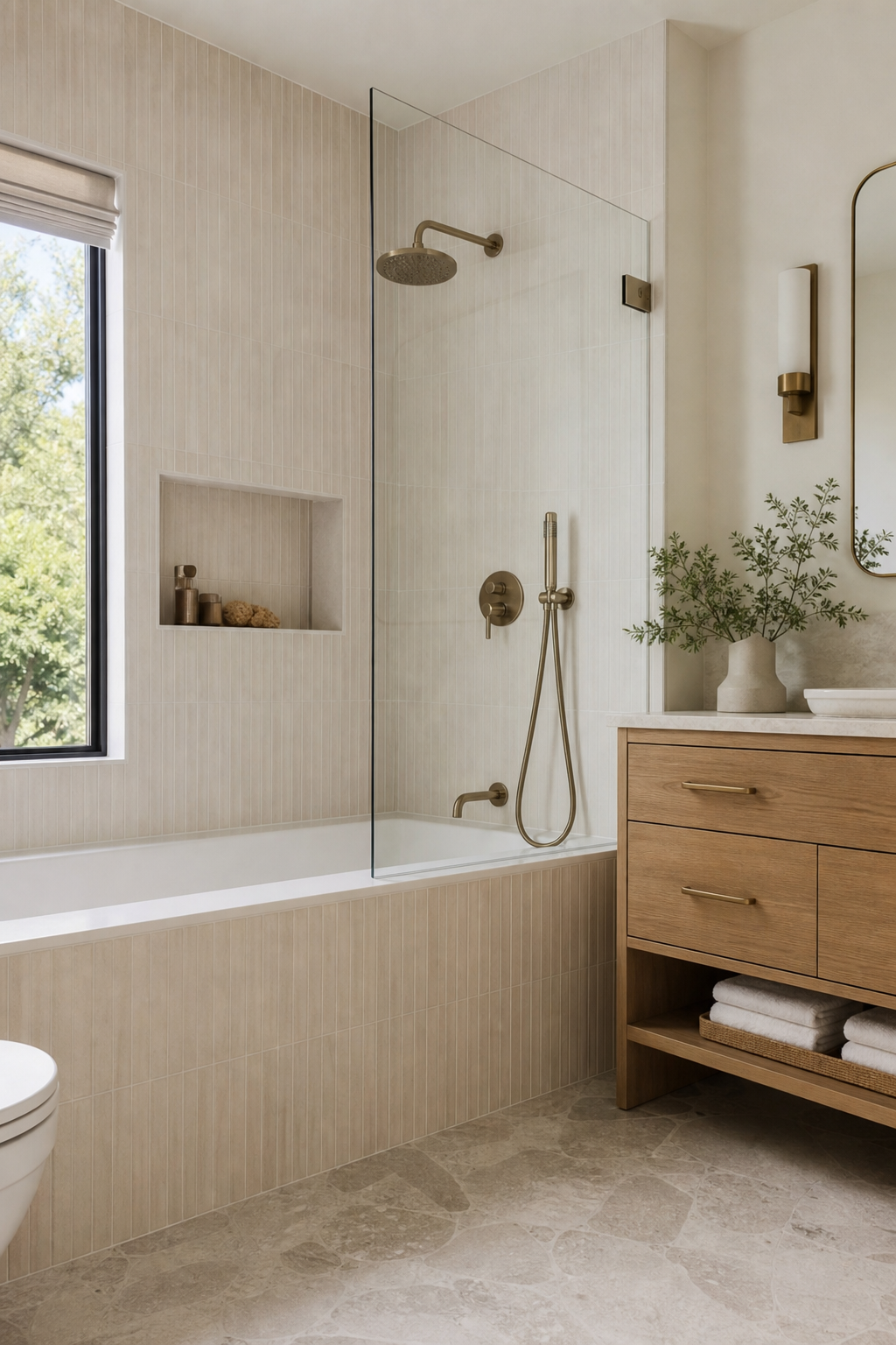 Small full bathroom idea with turn the tub apron into a design feature