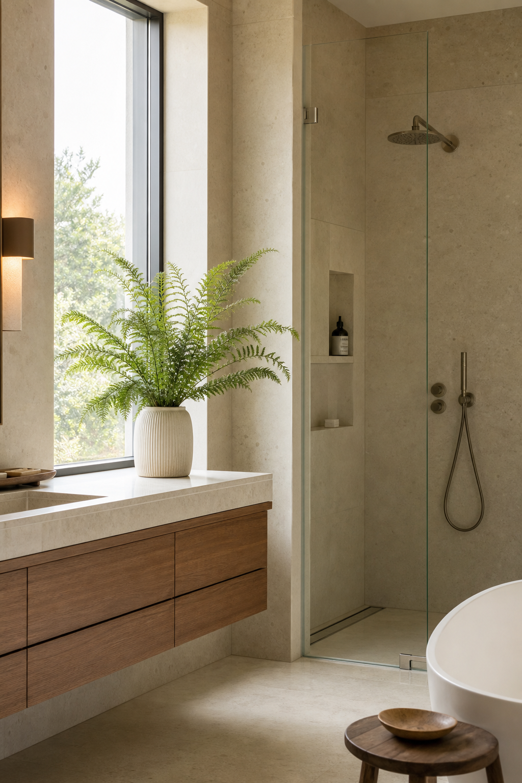 Restrained greenery adding freshness to a modern spa bathroom