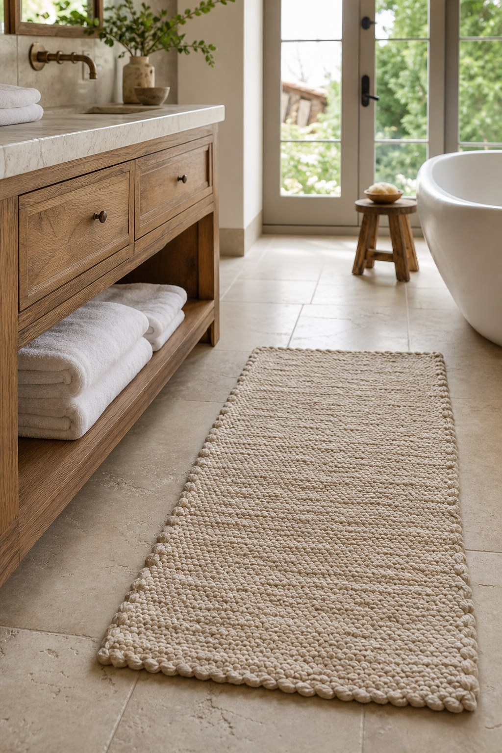 Spa bathroom with textured cotton runner on stone tile floor