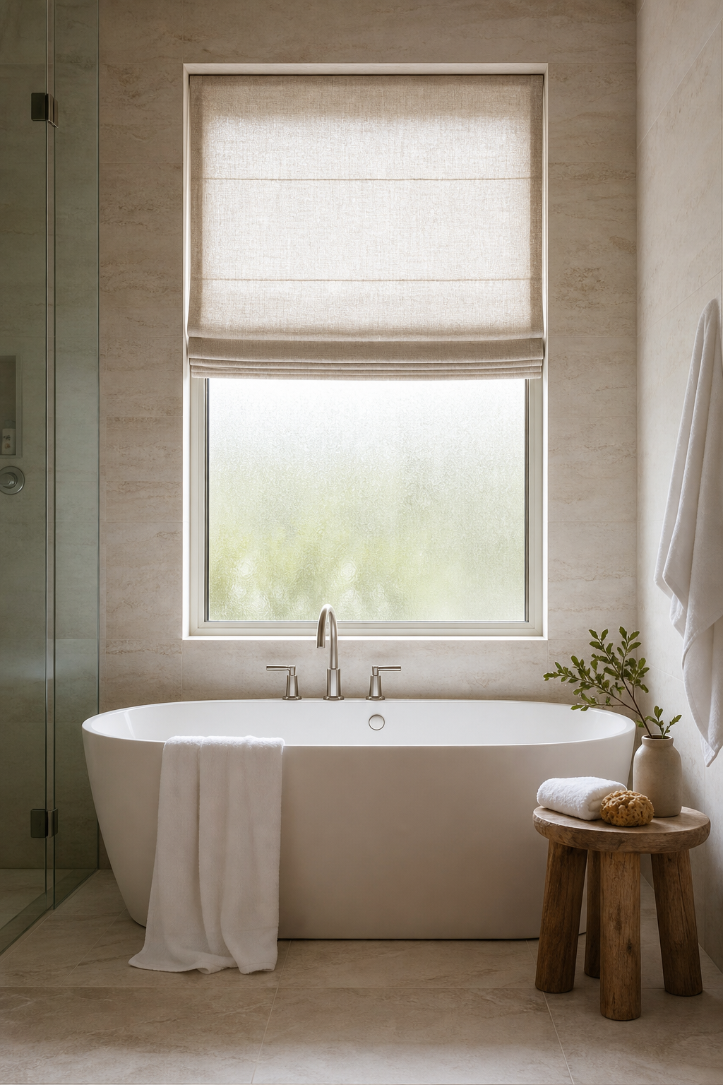Modern bathroom tub beneath a frosted window with soft linen roman shade