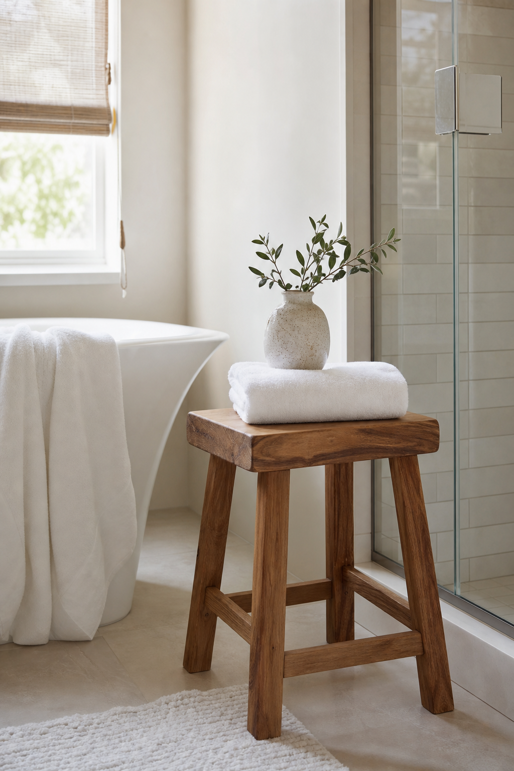 Small bathroom corner with petite wood stool and folded towel