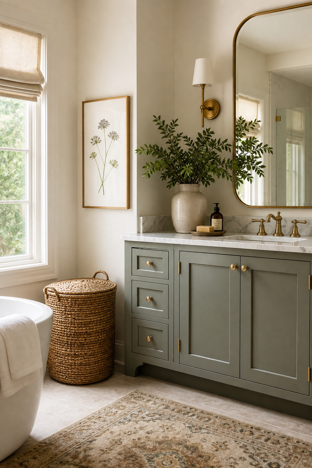 paint cabinets a muted sage in a cozy spa-like bathroom