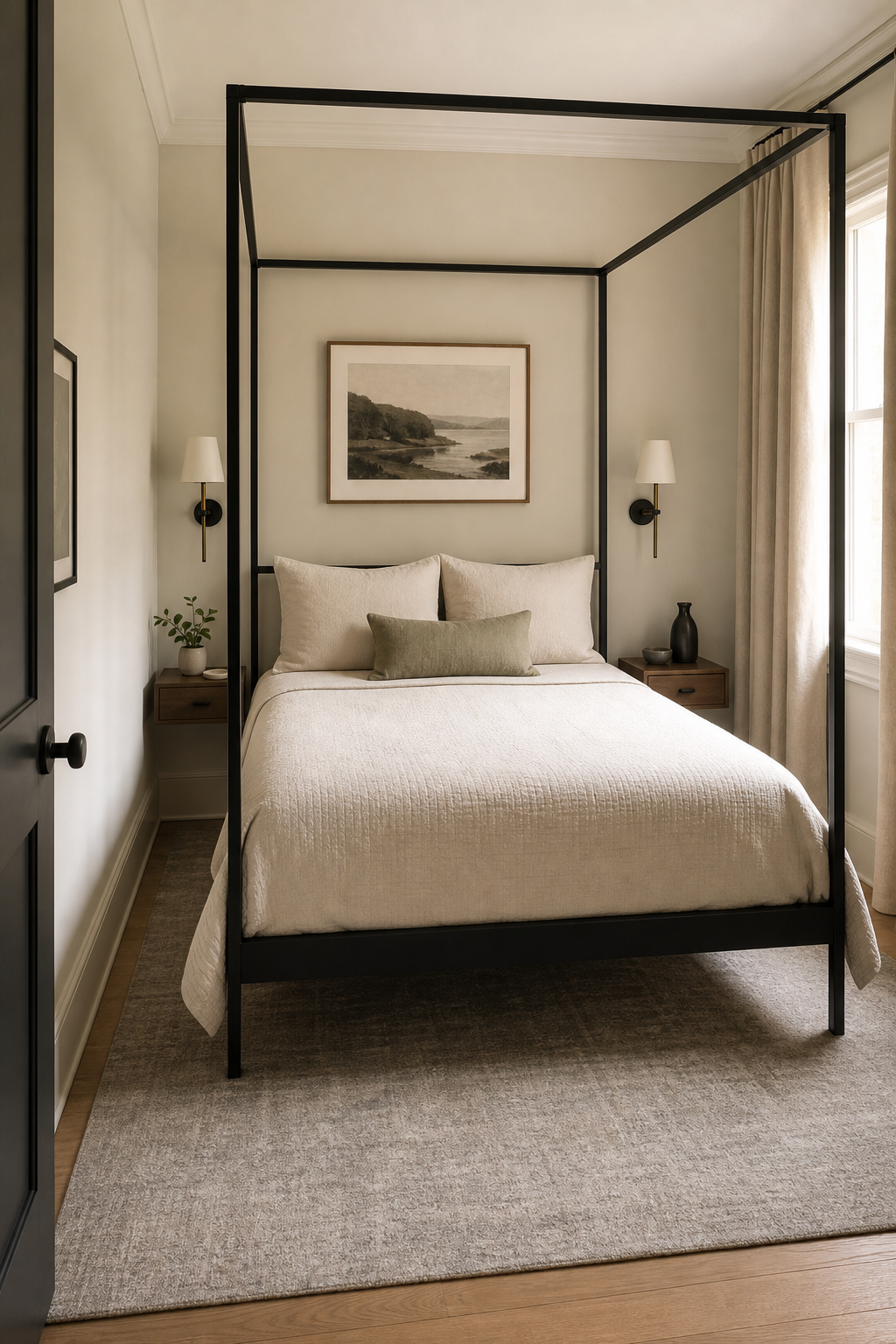 Low-profile canopy bed styled for a small elegant bedroom
