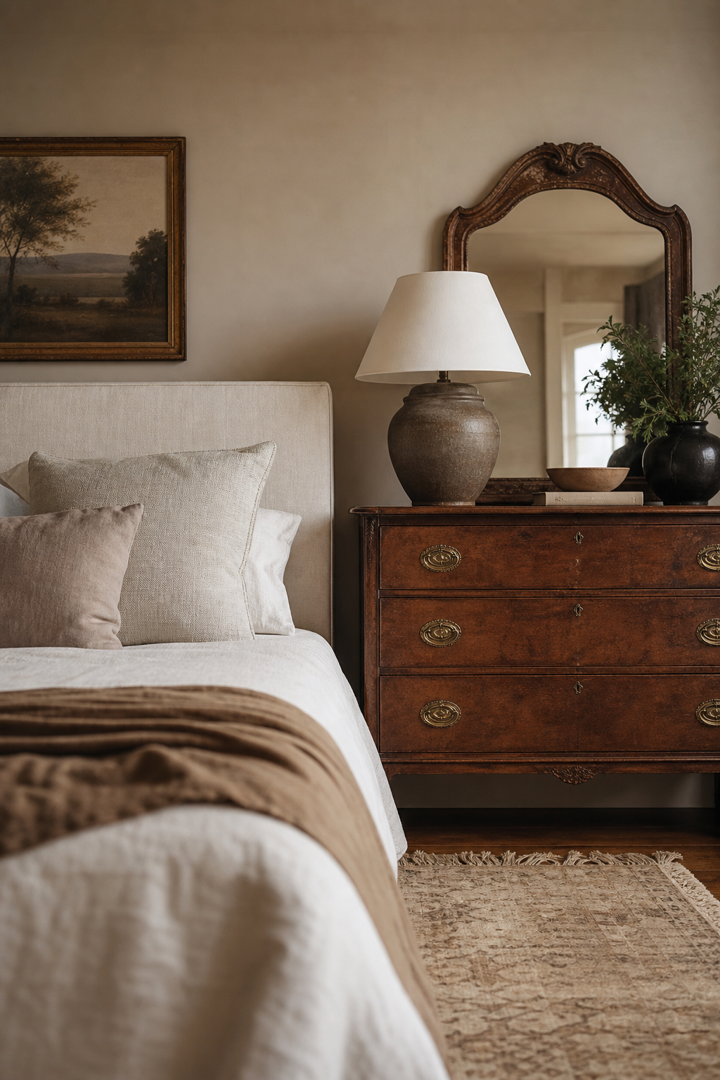 Cozy bedroom mixing a modern bed with vintage wood furniture