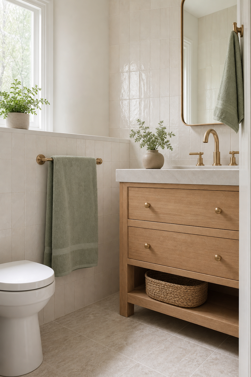 Muted sage accents making a tiny bathroom feel fresh