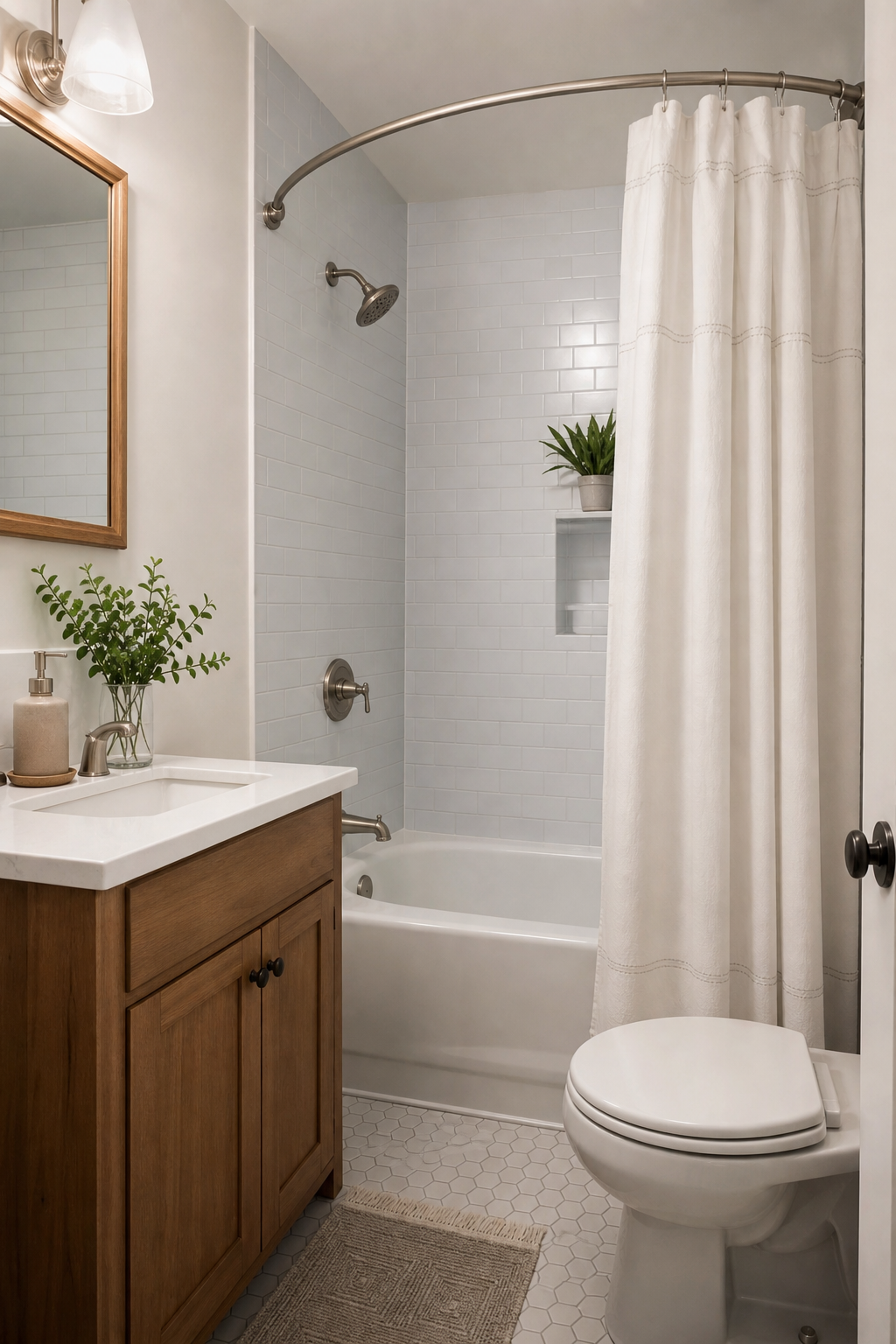 Small bathroom interior idea with use a curved shower rod for comfort