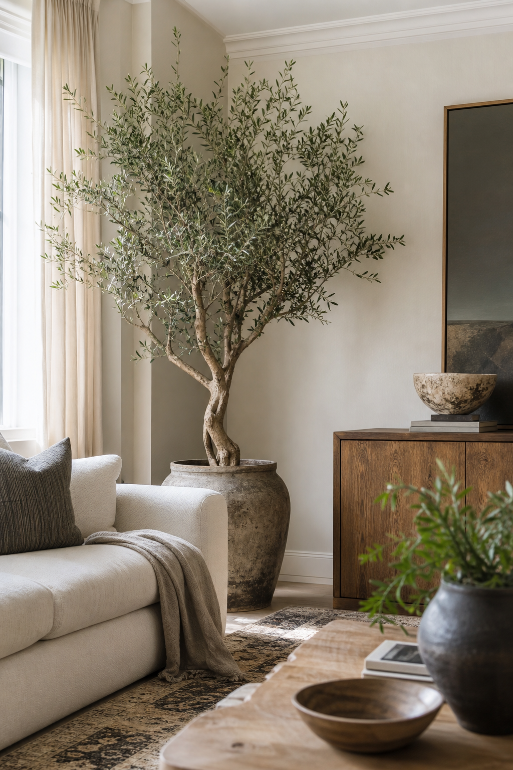 Cozy living room with sculptural olive tree in a stoneware planter