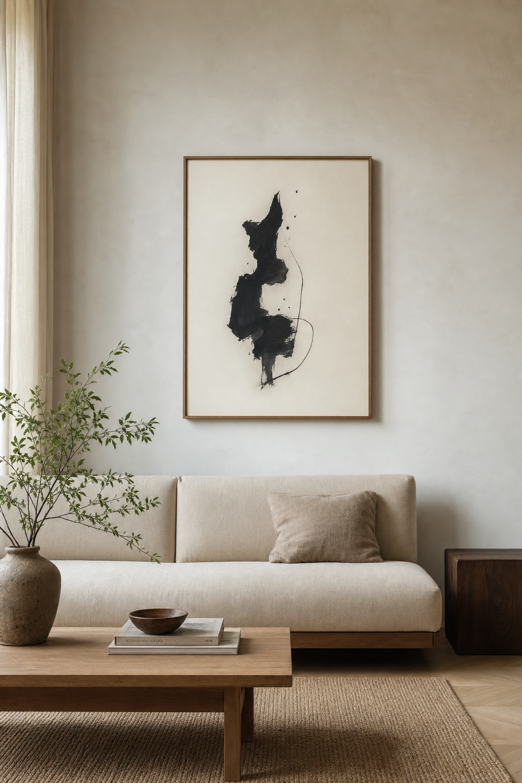 Japandi living room with one large quiet artwork above low sofa