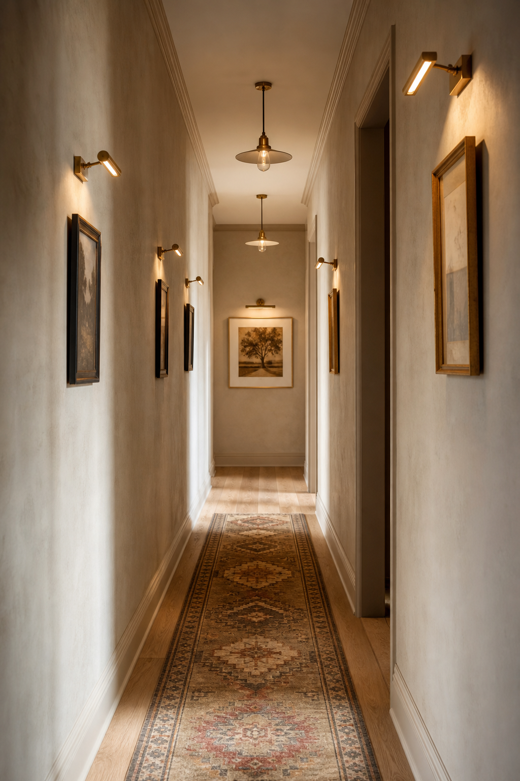 Warm hallway with vintage runner, framed art, and brass picture lights