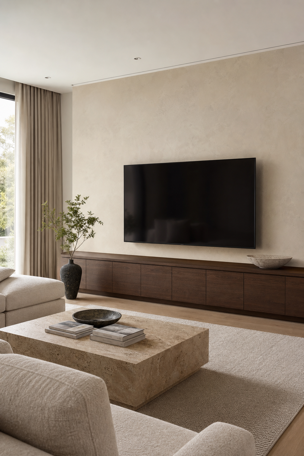 Contemporary living room with minimal walnut media wall and hidden storage