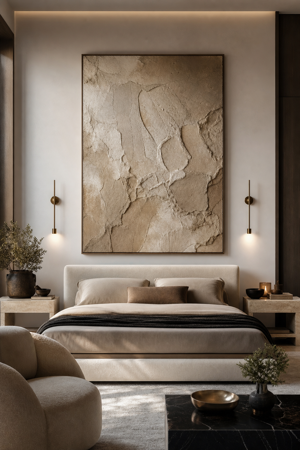 Luxury bedroom with oversized textured artwork above the bed