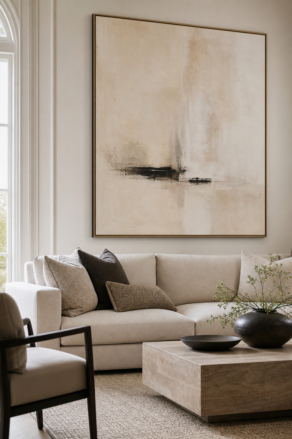 hang large calm artwork in a cozy minimalist living room