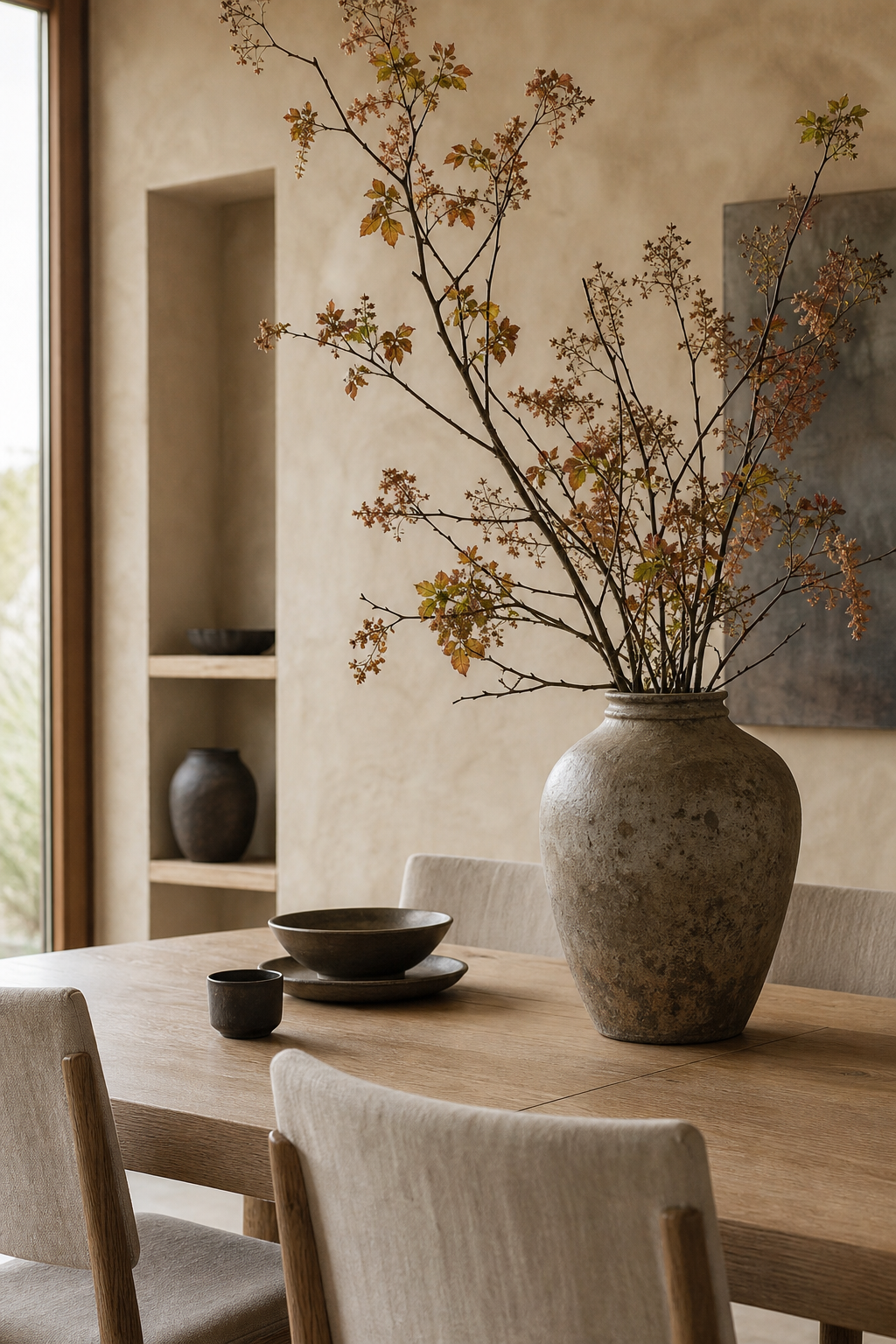 Japandi dining table with branches in ceramic vase