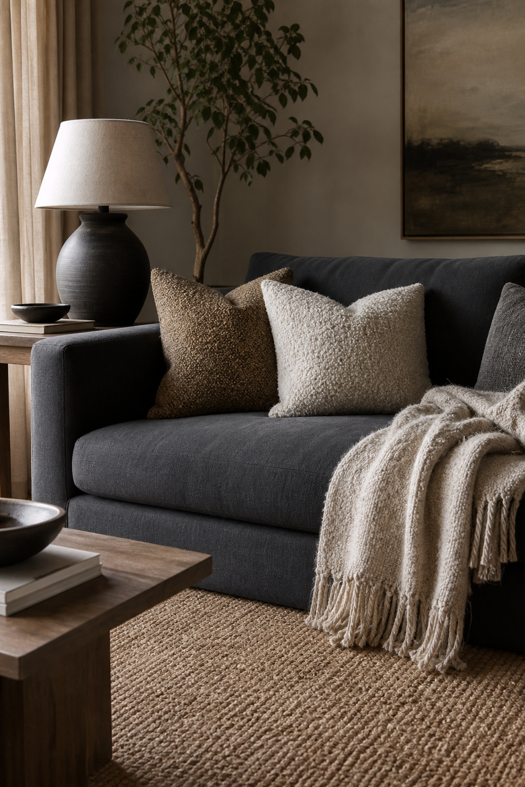 Dark grey couch styling idea with mix smooth and nubby textures