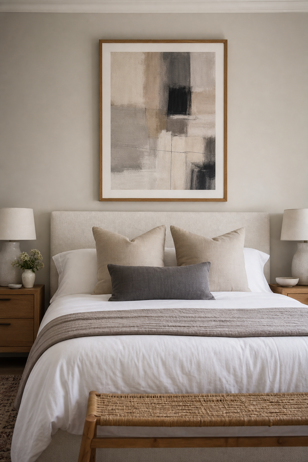 Framed art above a bed creating a polished room focal point