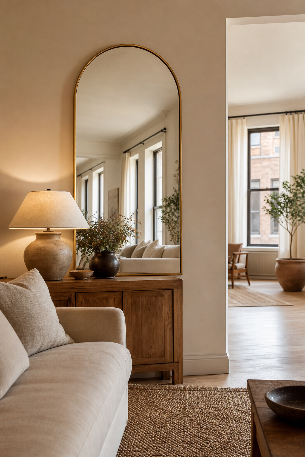Apartment living room with tall mirror reflecting natural light