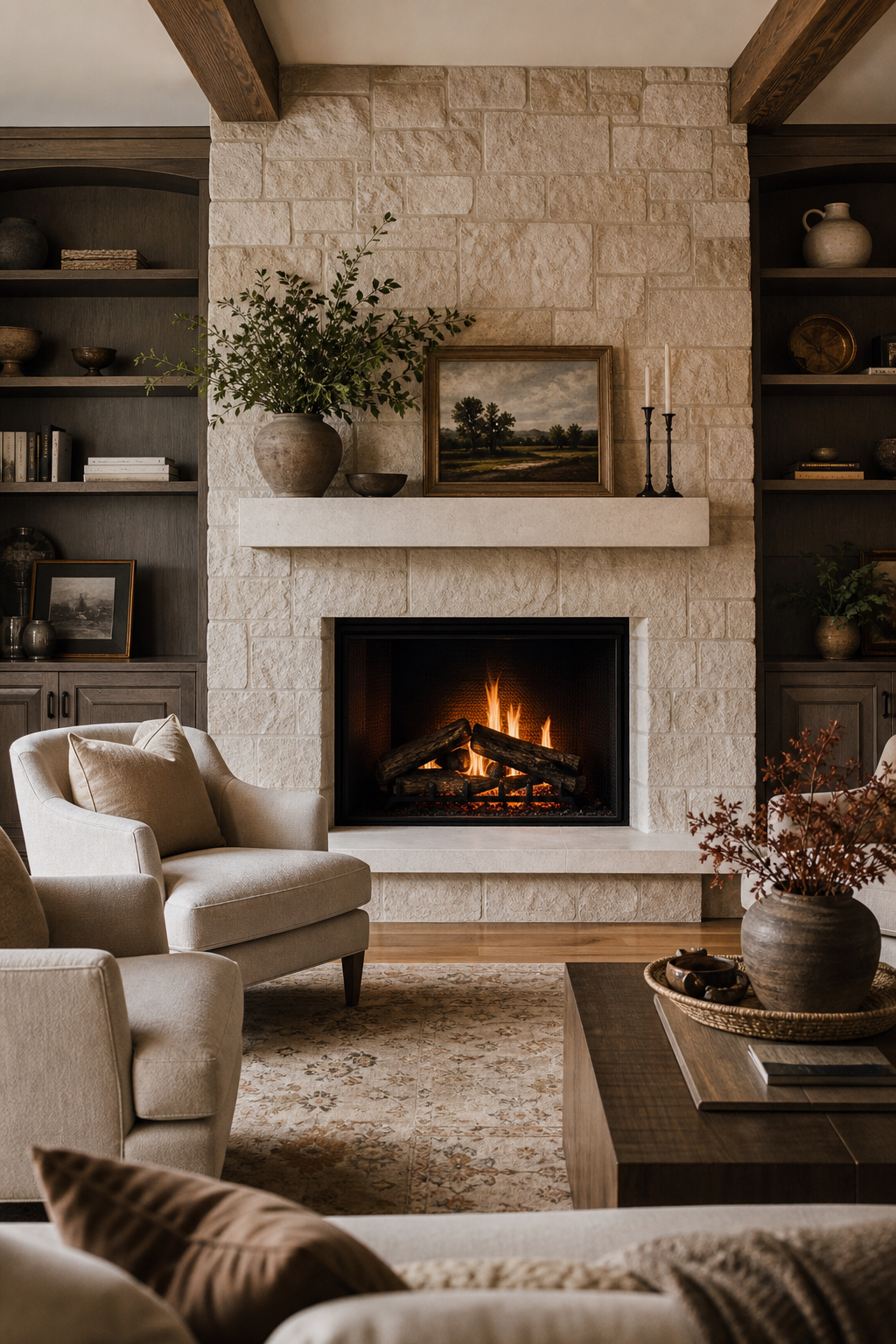 Cozy living room fireplace wall with simple stone surround, low mantel styling, built-ins, upholstered chairs, warm designer atmosphere