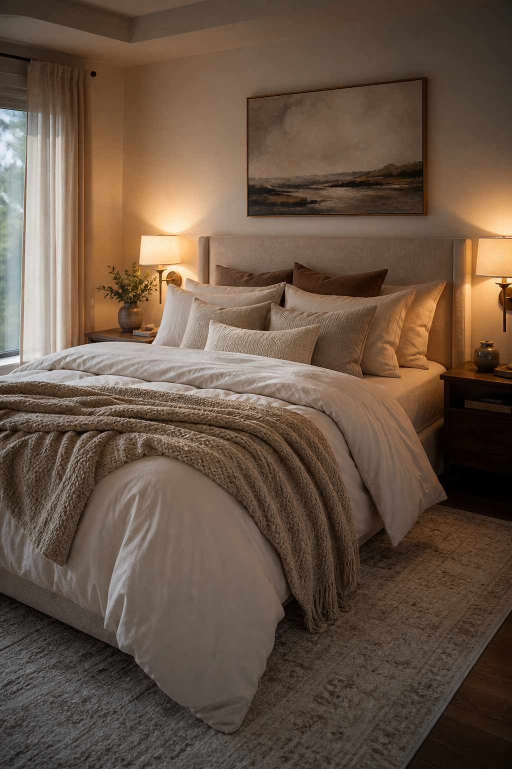 Pair Bedding With Warm Bedside Lighting