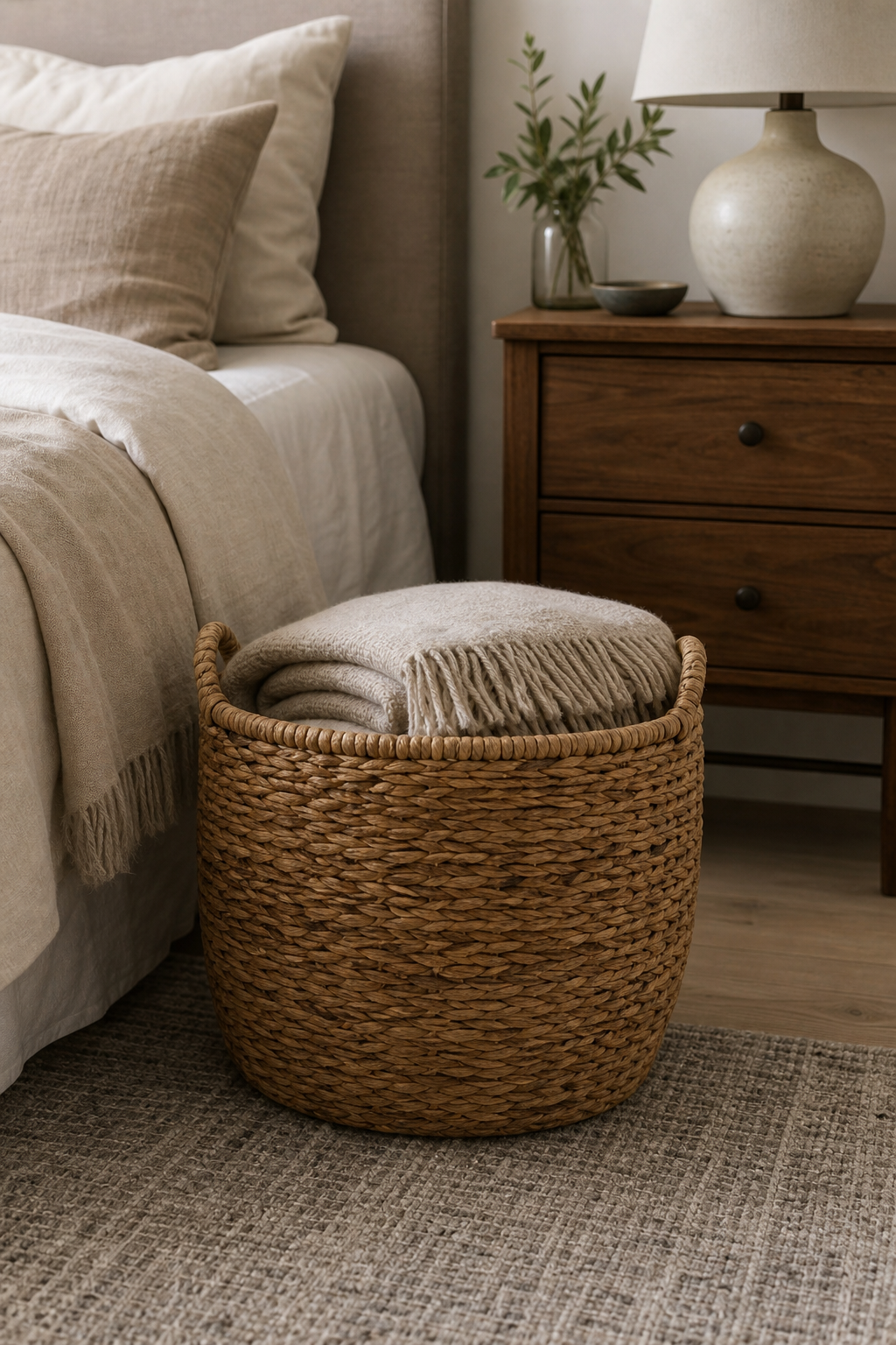 Cozy bedroom with woven basket holding extra throws