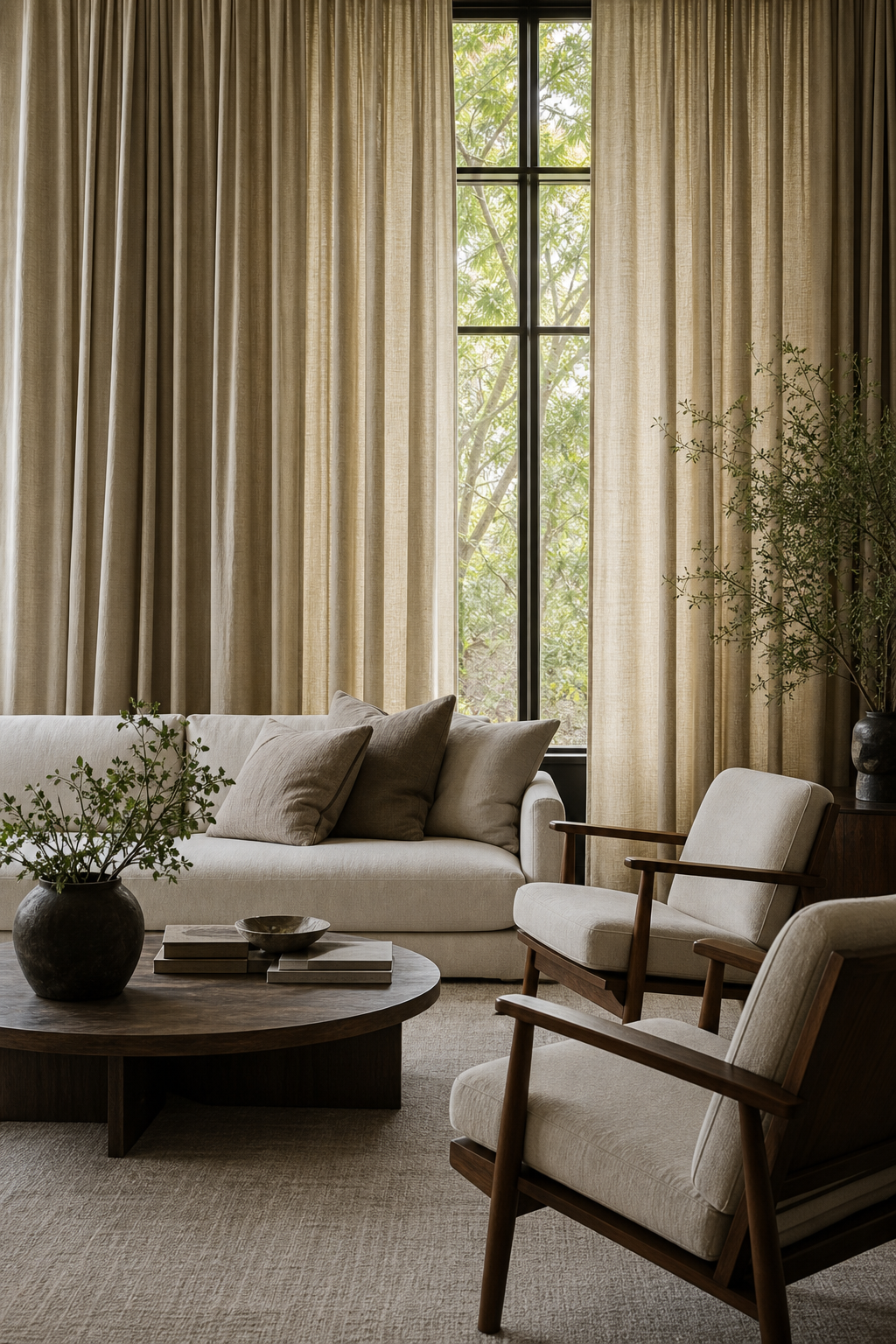 Neutral room warmed with woven wool linen ceramic and wood textures