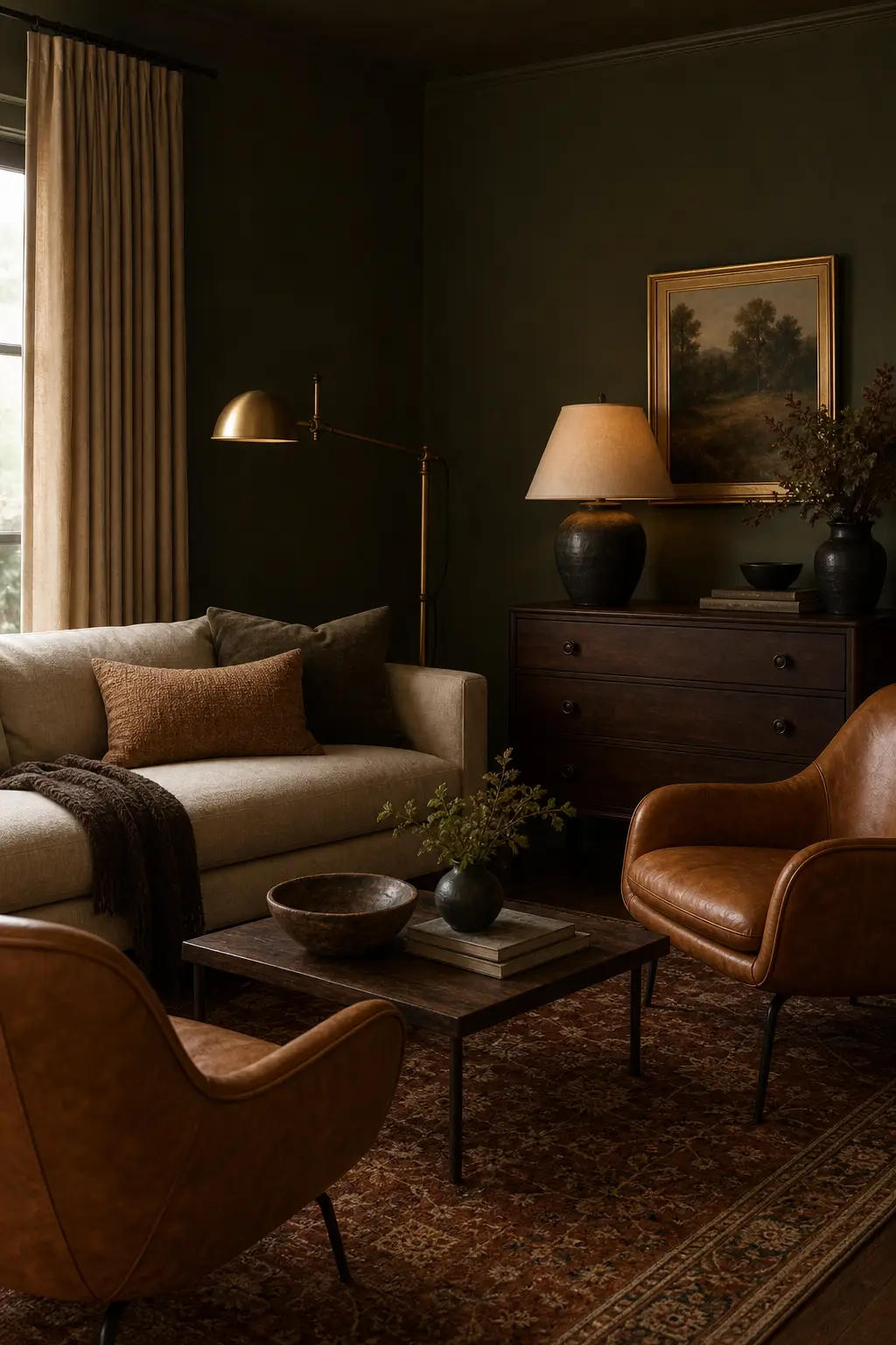 Try moody paint color with warm textiles in a cozy designer conversation room