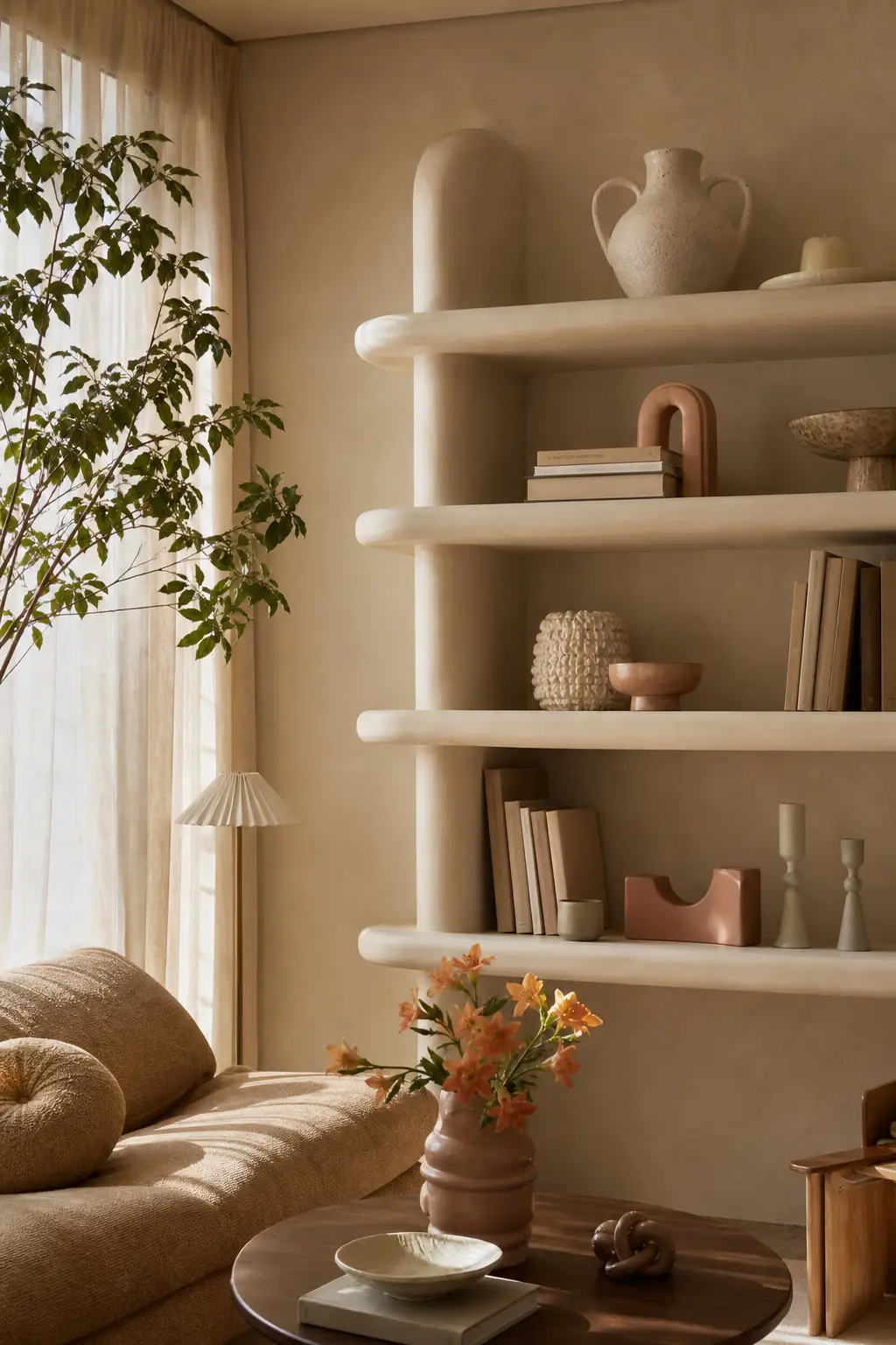 choose rounded shelving in a cozy Y2K living room