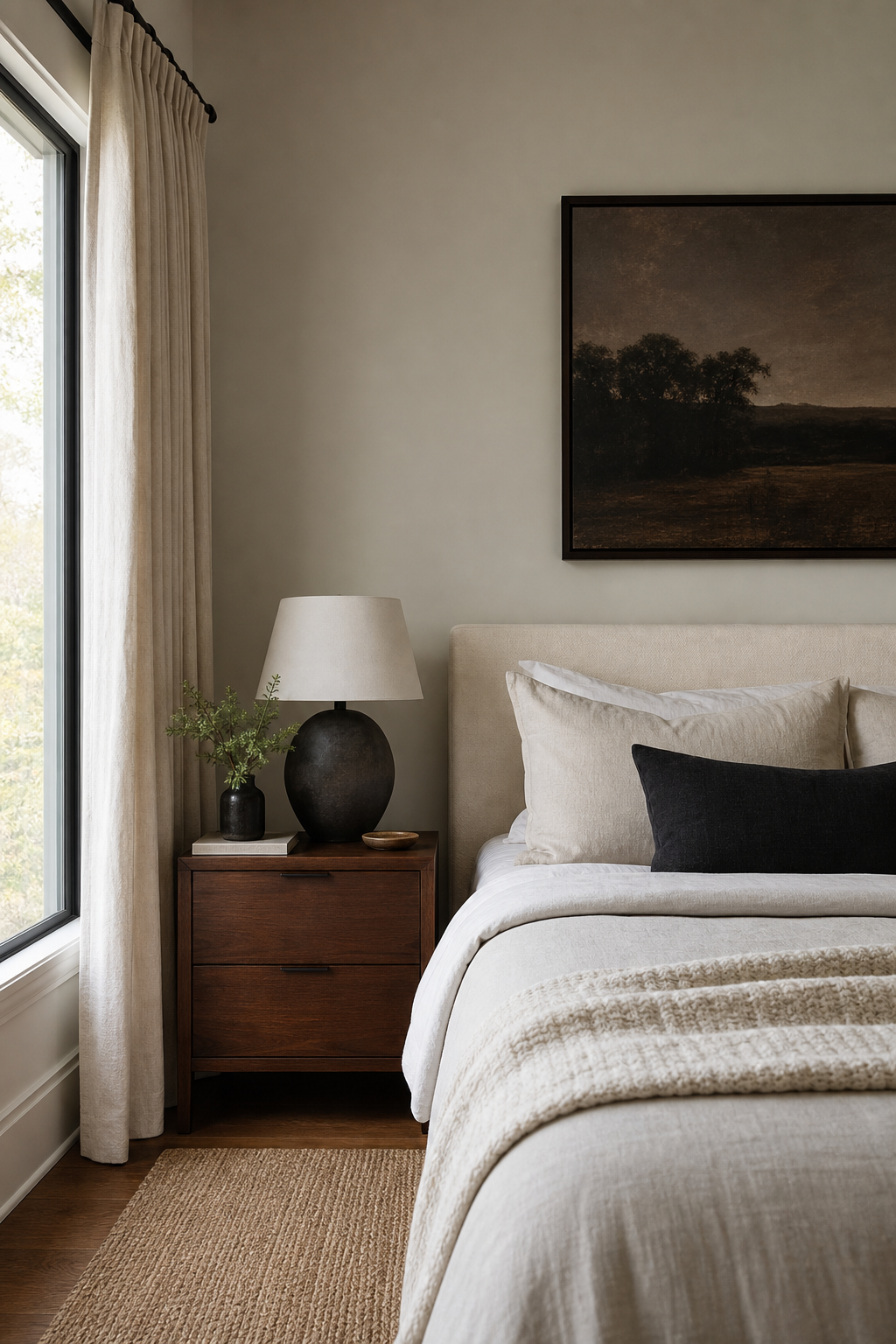 Dark accents adding definition to a warm neutral bedroom