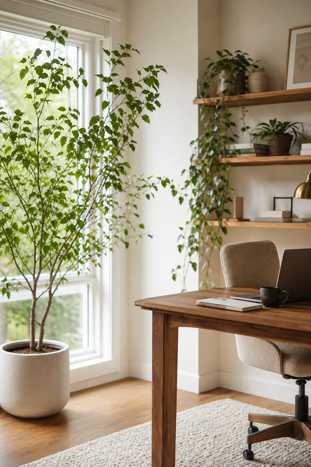 Home office with large potted plant by window, wood desk, shelves, ceramic planter, soft daylight