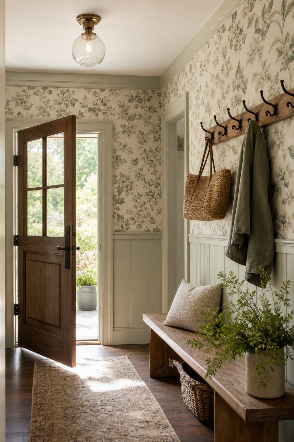 Entryway with botanical wallpaper beadboard bench and hooks