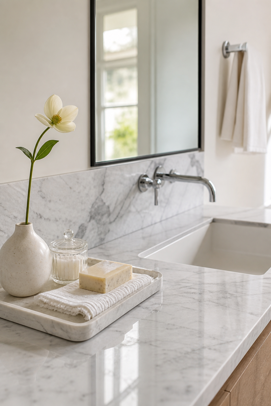 Edited bathroom countertop with tray soap jar towel and vase