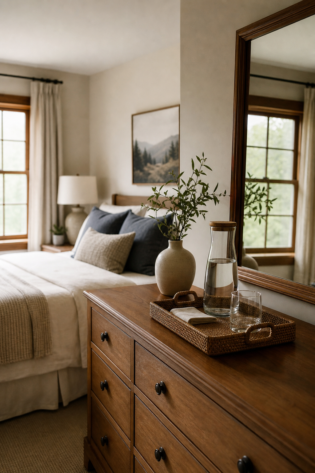 Guest bedroom dresser styled with tray, carafe, glass, simple vase, empty surface, warm wood finish