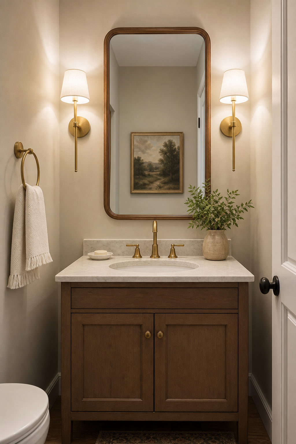 Small powder room with matching brass faucet, towel ring, sconces, warm wood mirror, and compact vanity