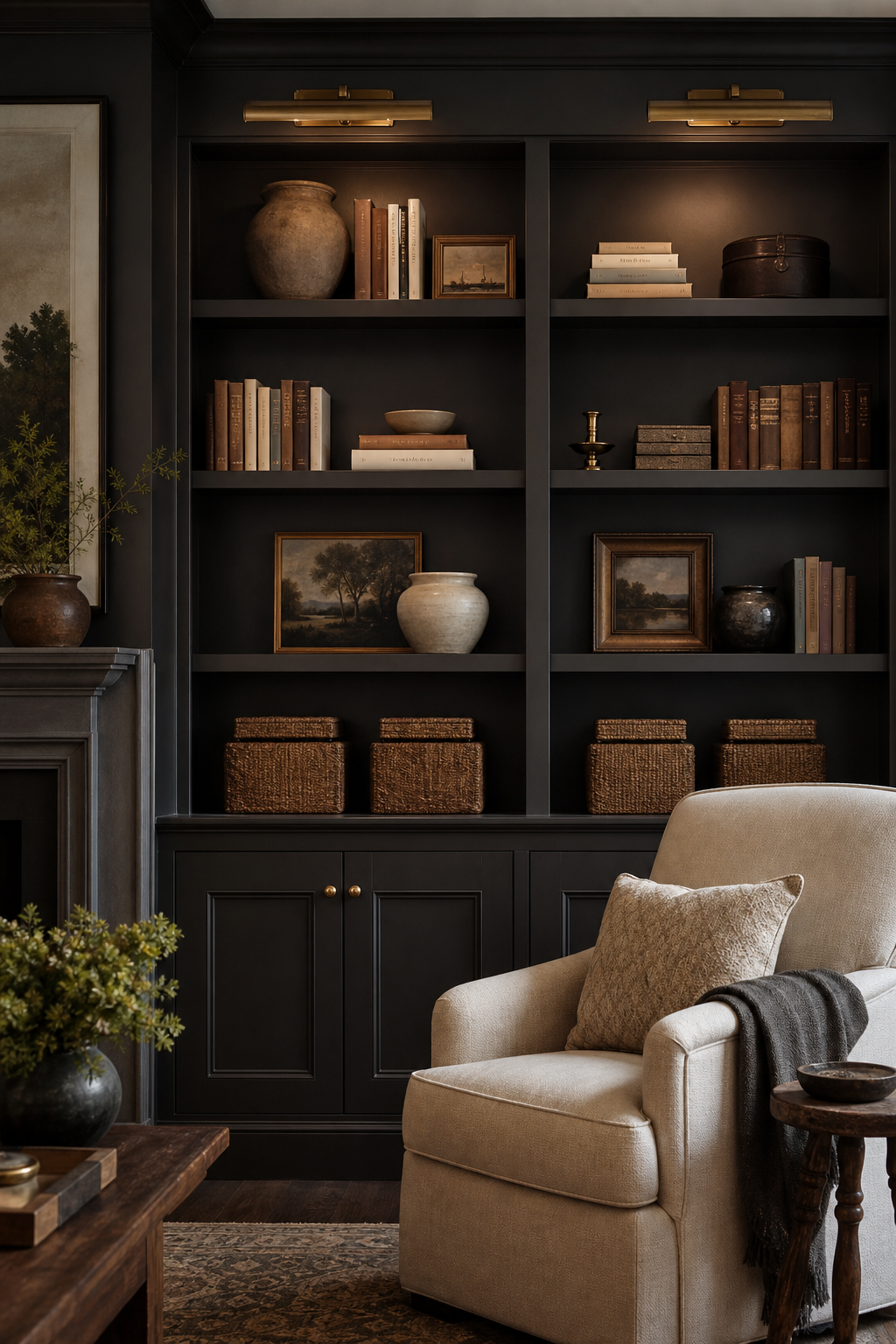 Edited built-in shelves styled with negative space and lighting