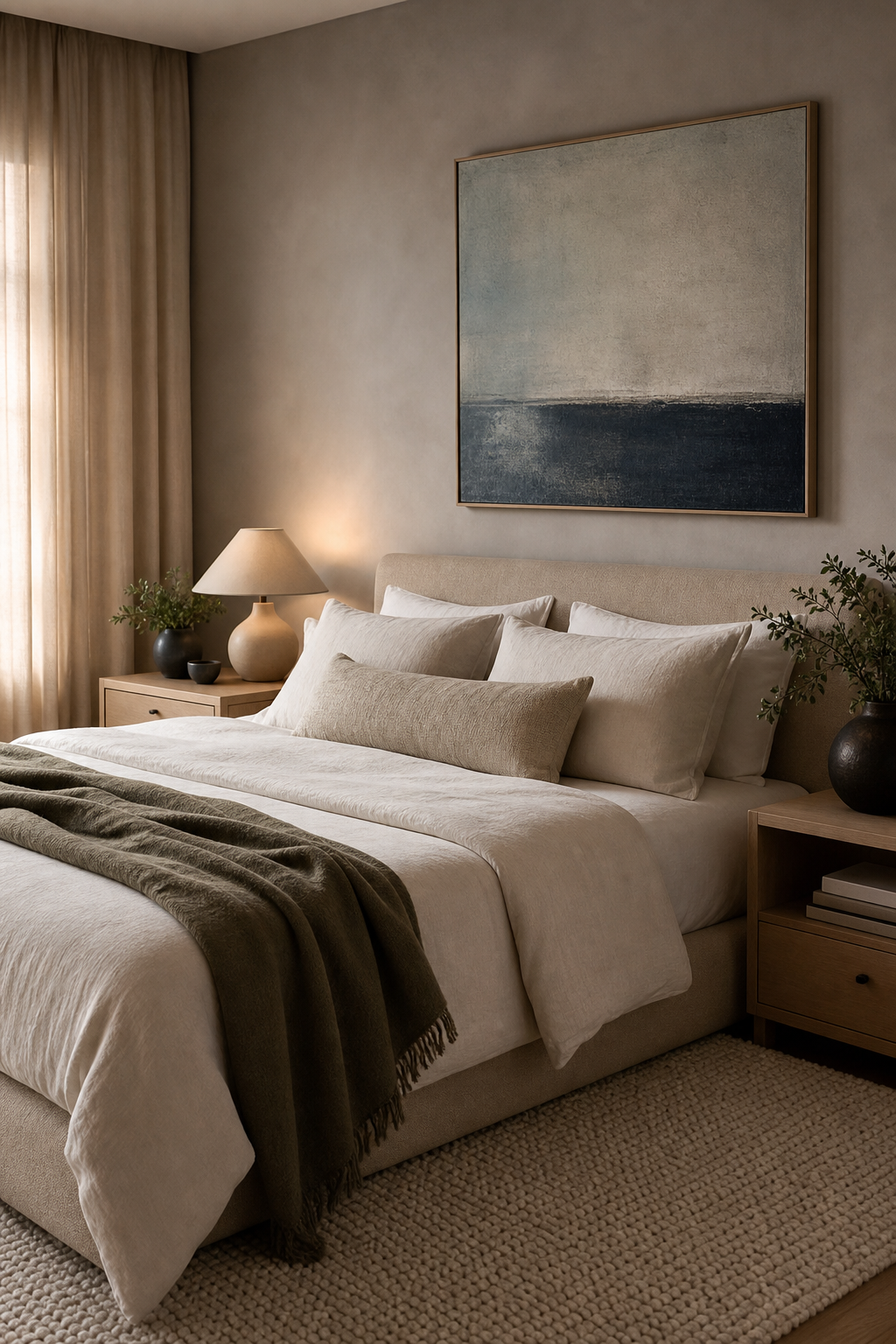 Minimalist bedroom with dusty olive throw and muted mineral blue artwork