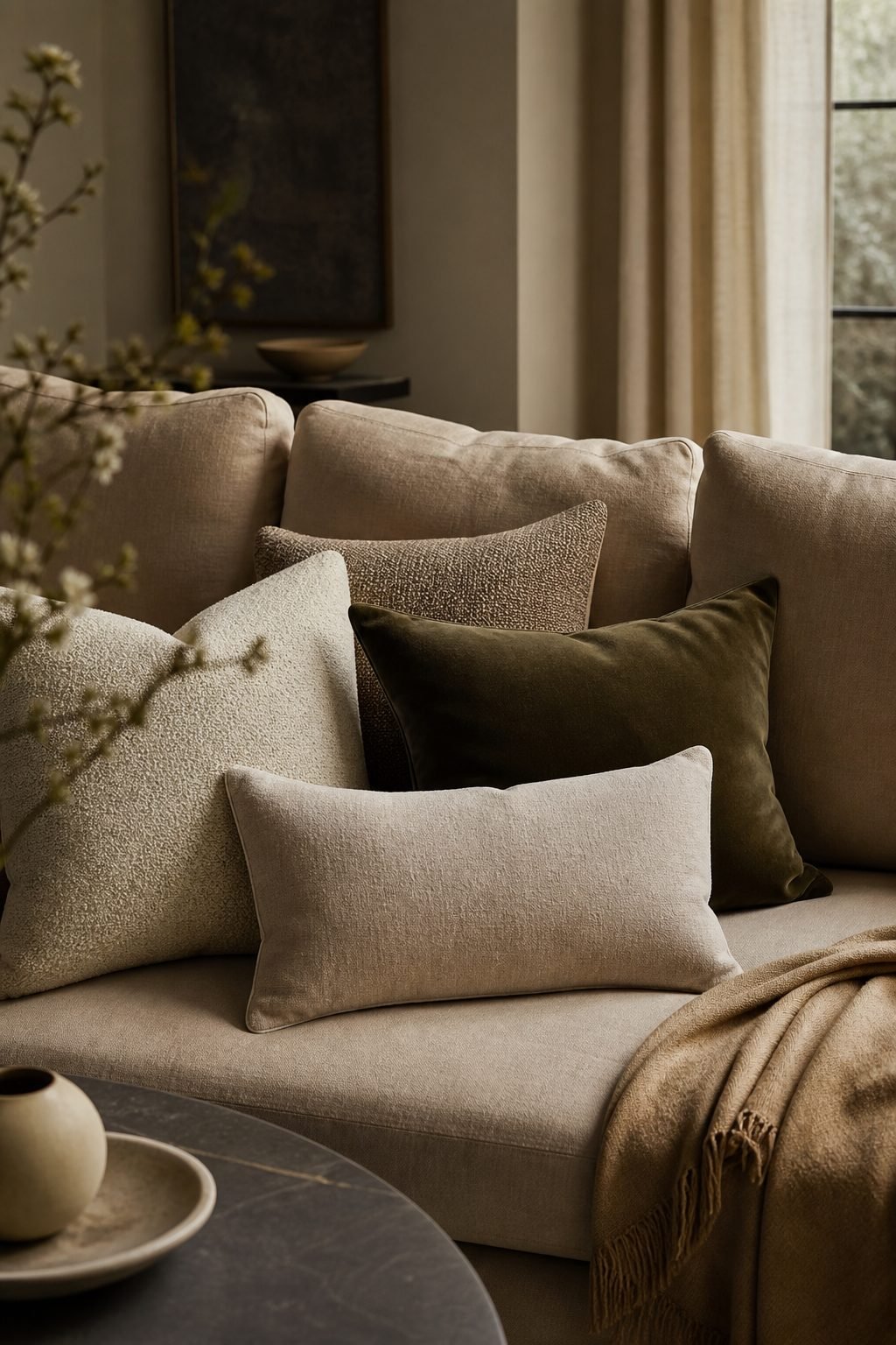 Use Pillows In Related Textures for Sofa Aesthetic To Anchor A Stylish Living Room