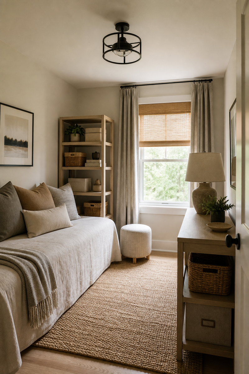 Small room makeover with sparing closed baskets and refined storage boxes