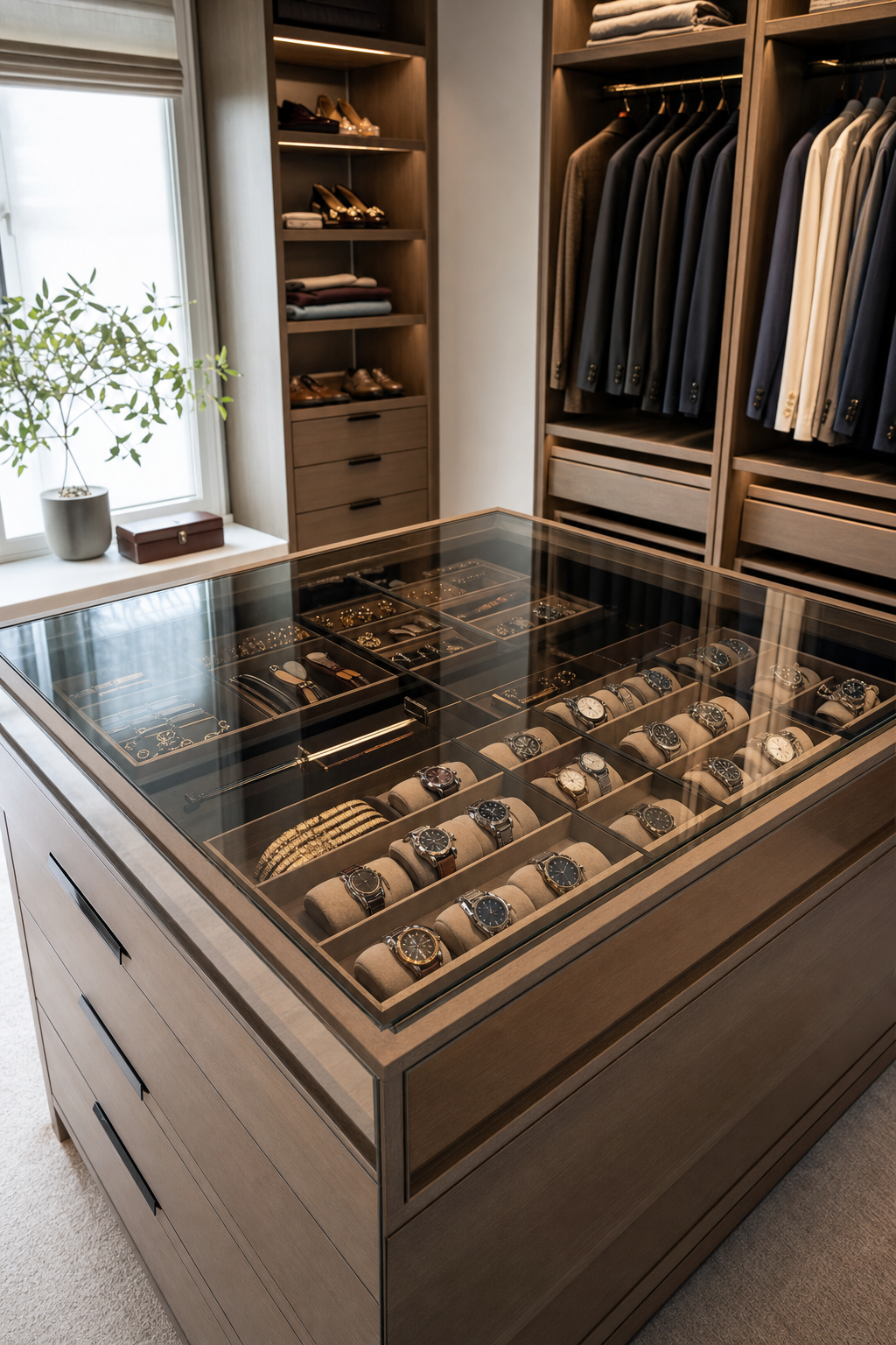Keep Accessories In Display Drawers in a neat stylish walk-in closet