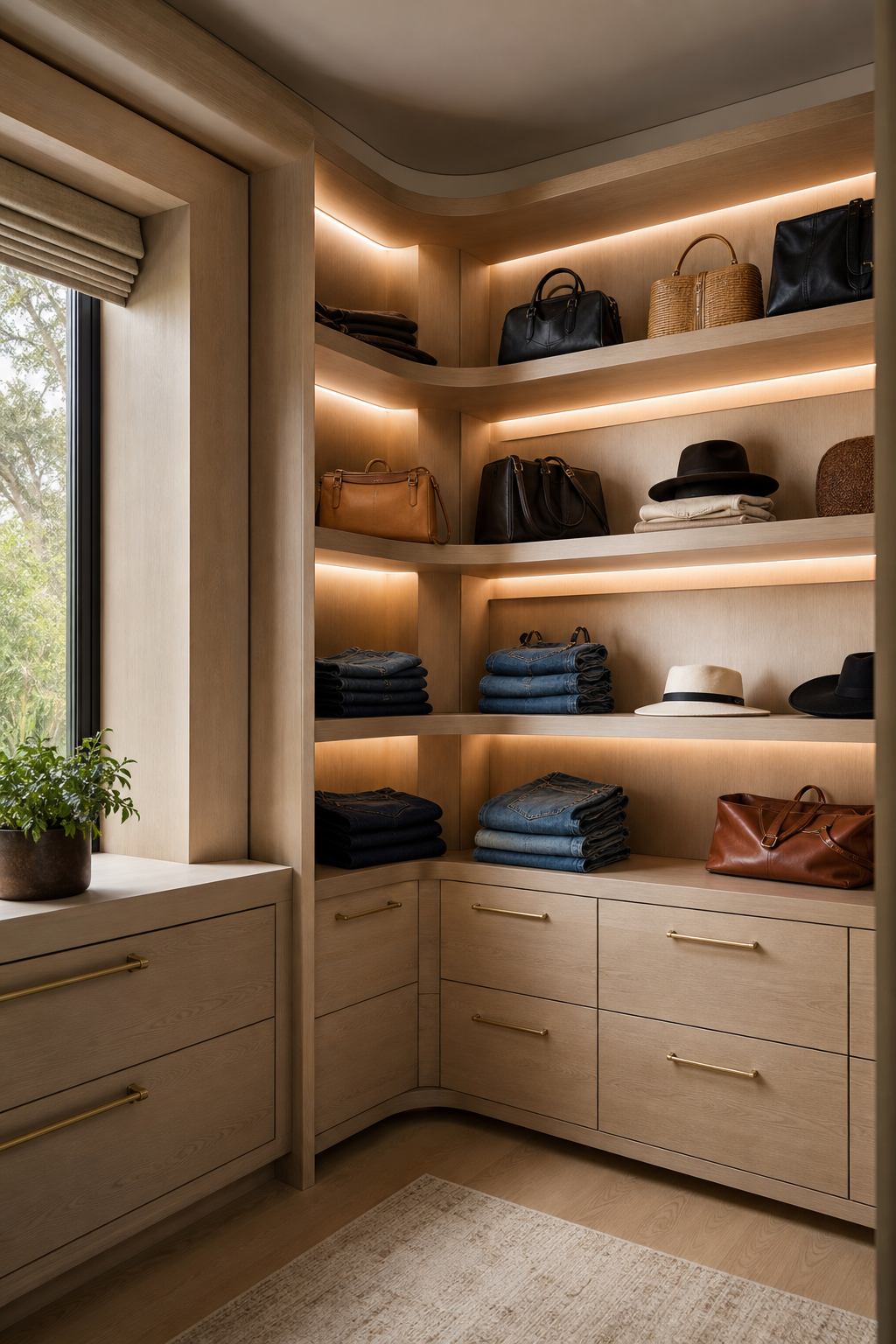Dressing closet idea with use corner shelves instead of dead space