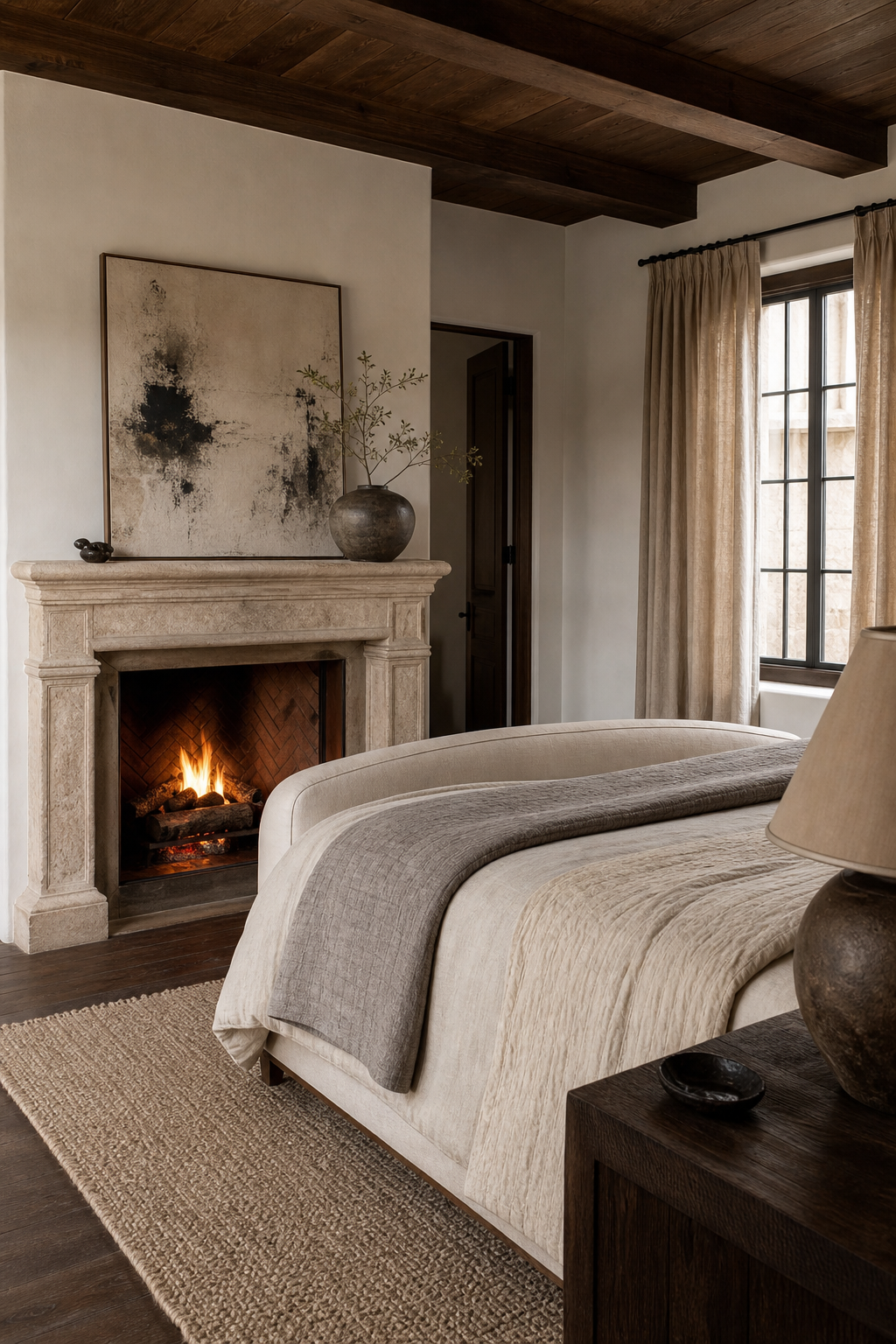 Cozy luxury bedroom with stone fireplace, layered bedding, and simple mantel styling