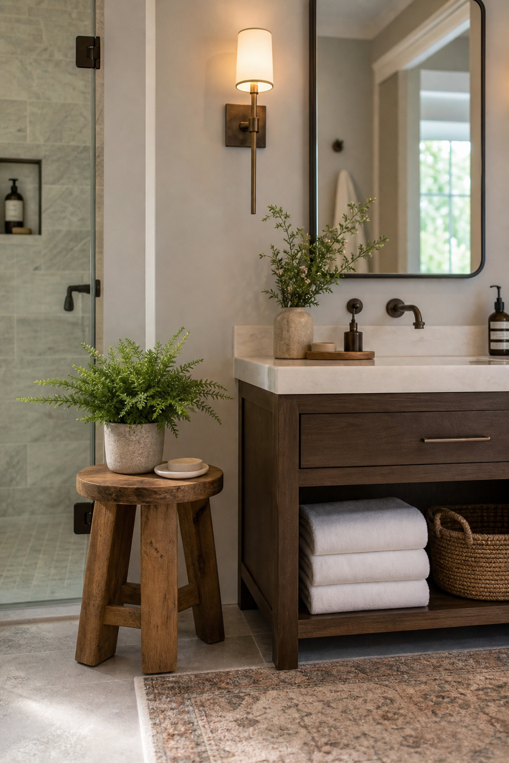 Add small plant for freshness in a spa-like guest bathroom