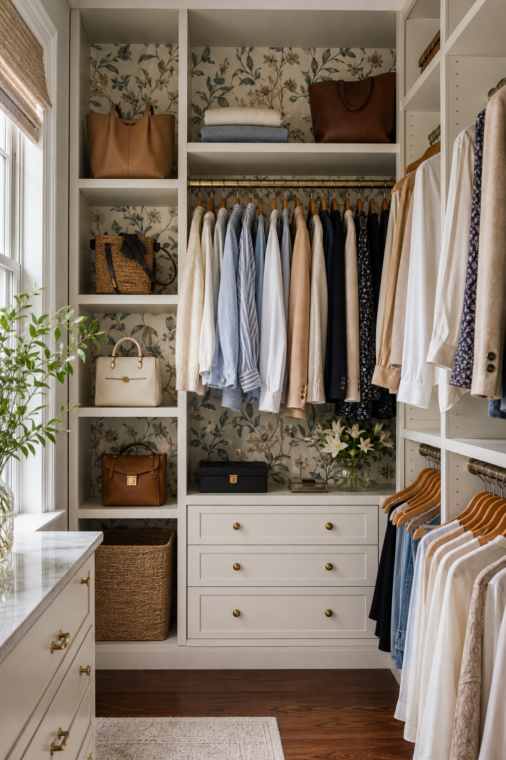 Reach-in closet with botanical wallpaper, warm white built-ins, brass hardware, and neatly arranged clothing