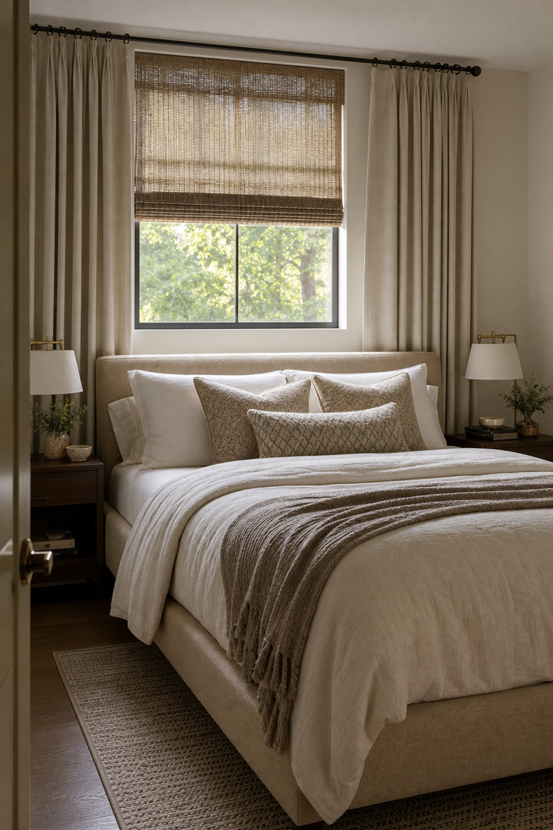 Elegant bed placed beneath a window with woven shades