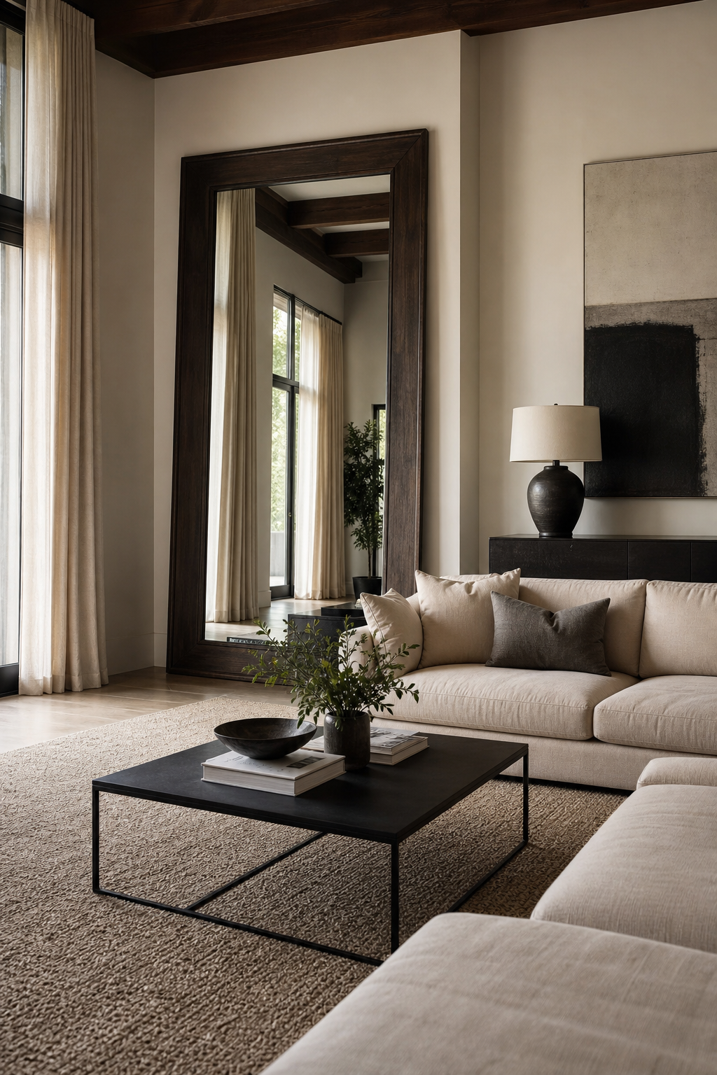 Tall standing mirror balancing a large sectional sofa