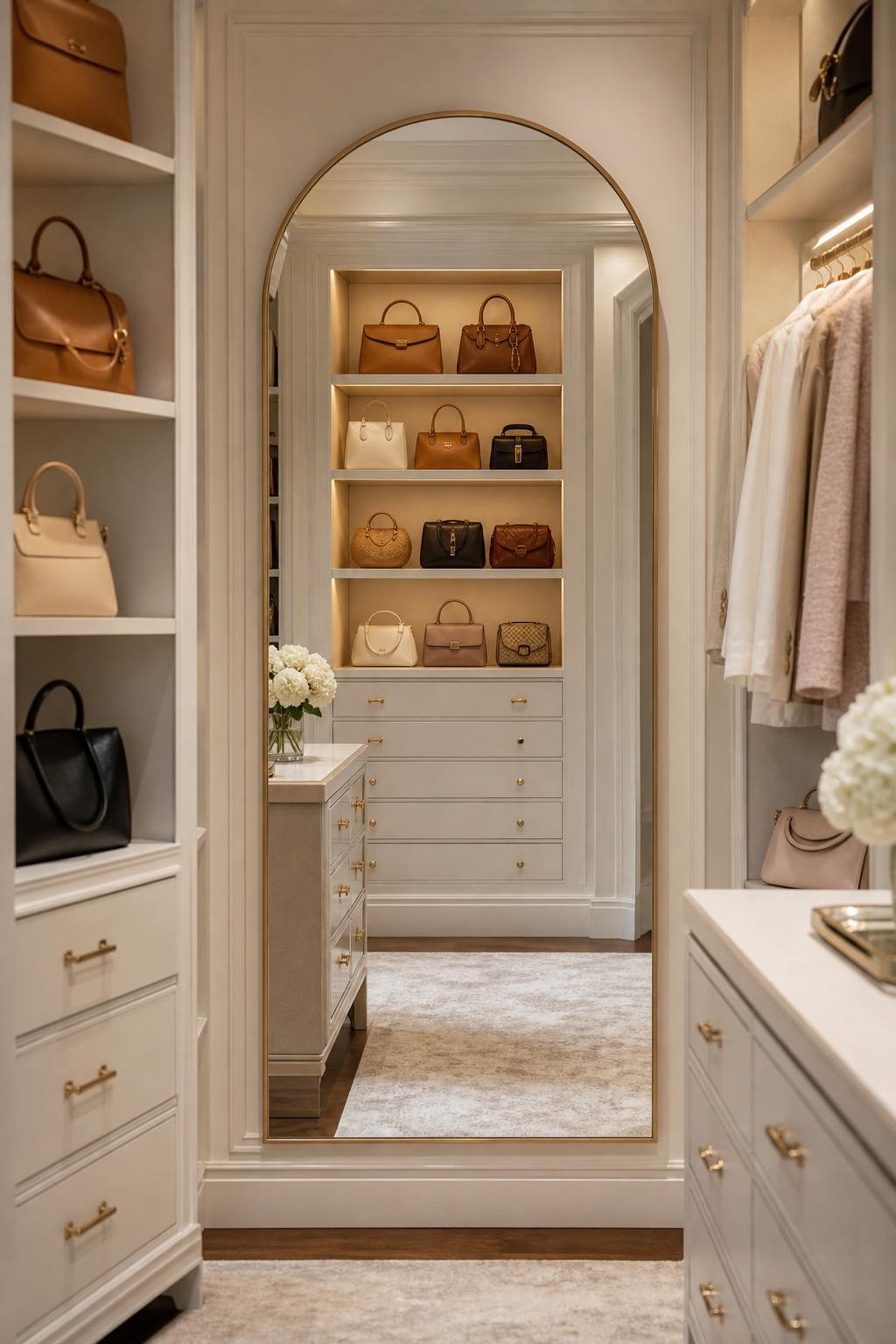 Add A Mirror To Expand The Closet in a neat stylish handbag closet