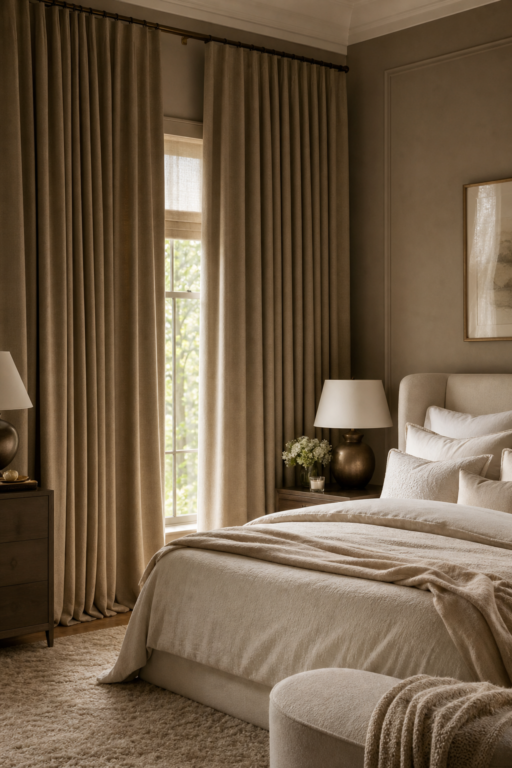 Warm bedroom with high oatmeal drapery, cream bedding, and bronze accents