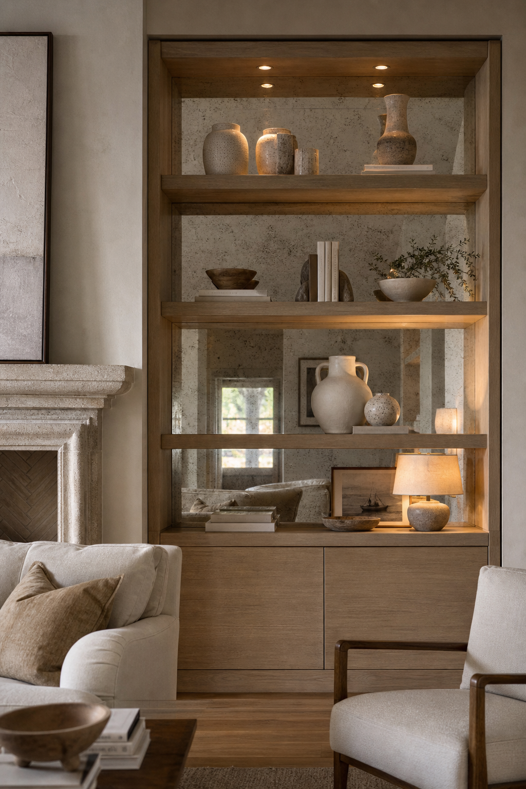 Use Mirror Panels Behind Shelving for Mirror Design Wall Ideas That Brighten And Elevate Any Room