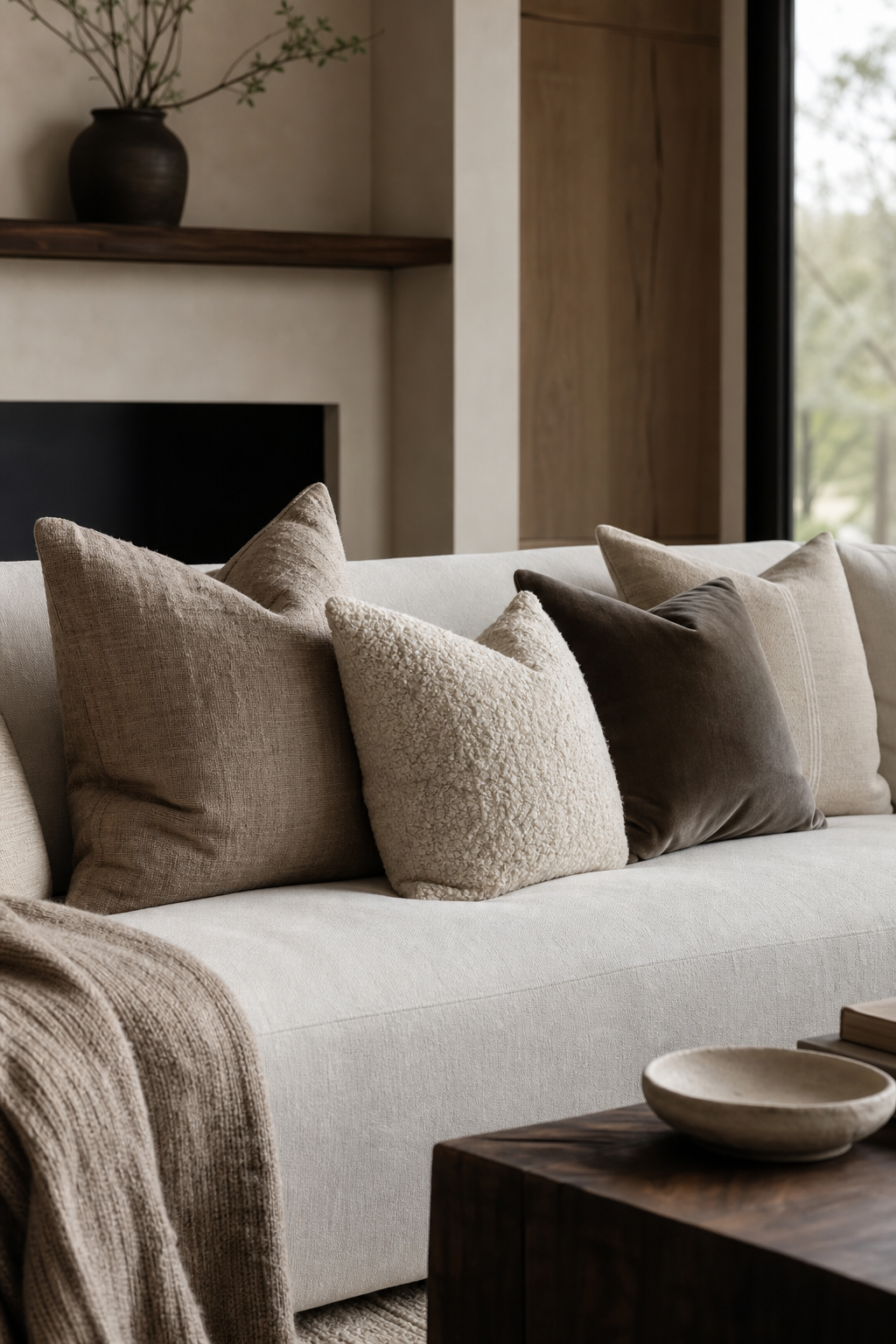 Use Pillows In Related Textures for Minimalist Sofa Ideas To Anchor A Stylish Living Room