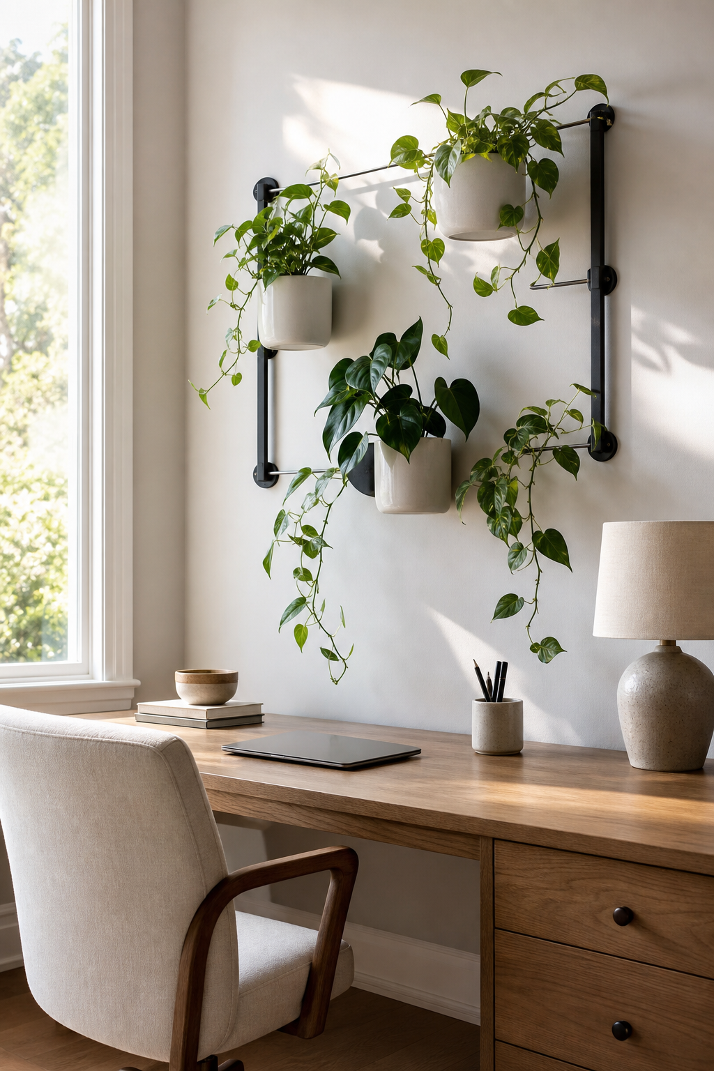 Hanging planter rail with trailing greenery